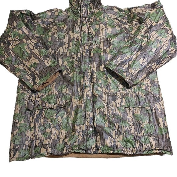 Trebark Camo PVC Jacket L Outdoor Hunting USA Hooded Button Quilt Lined - Picture 2 of 6